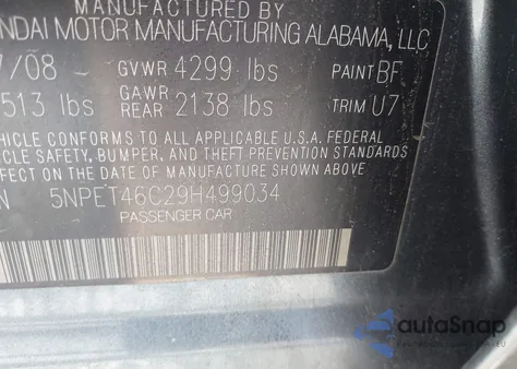 2009 Hyundai Sonata Gls from USA, damaged, VIN 5NPET46C29H499034